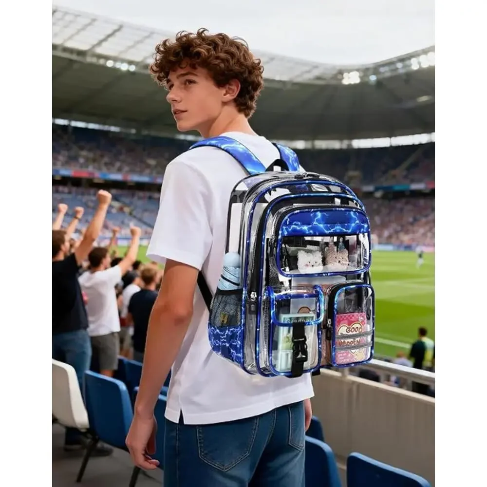 Heavy Duty Clear Transparent Backpack Stadium Bag School Bookbag- Blue Lightning